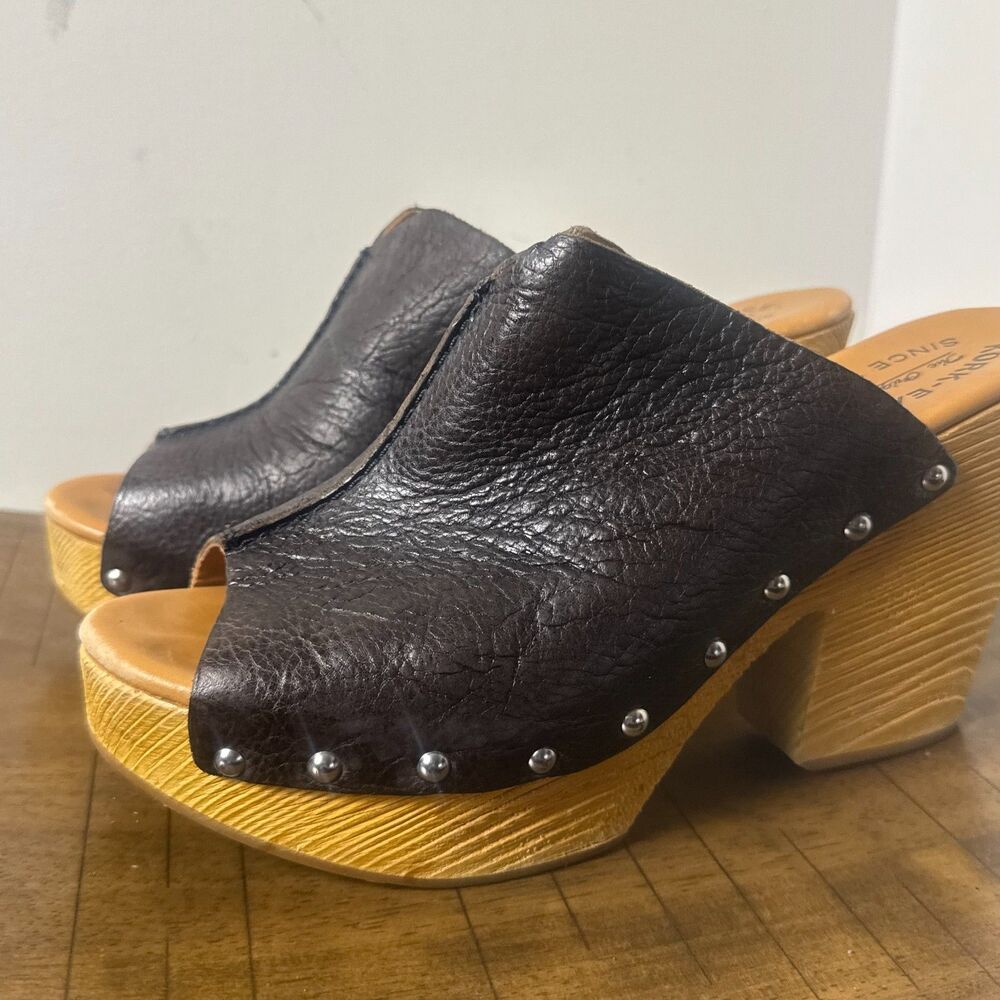 Kork-Ease Brown Leather Platform Wedge Slide Clogs Womens 9 Boho Comfort - Picture 4 of 11